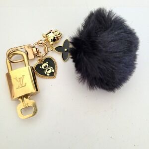 Louis Vuitton Padlock 321 Bag Charm Black Fur Pom Pom Heart Bear Gold Keychain